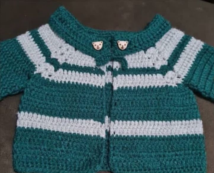 Green and grey striped crochet baby cardigan