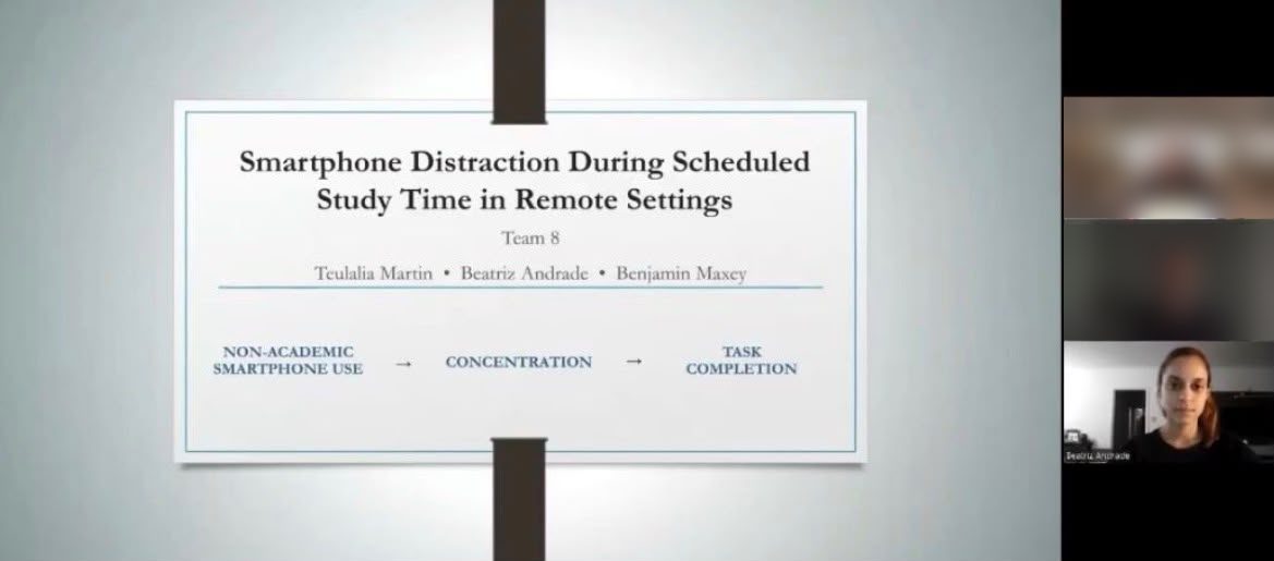 Team 8 presenting the slide Smartphone Distraction During Scheduled Study Time in Remote Settings